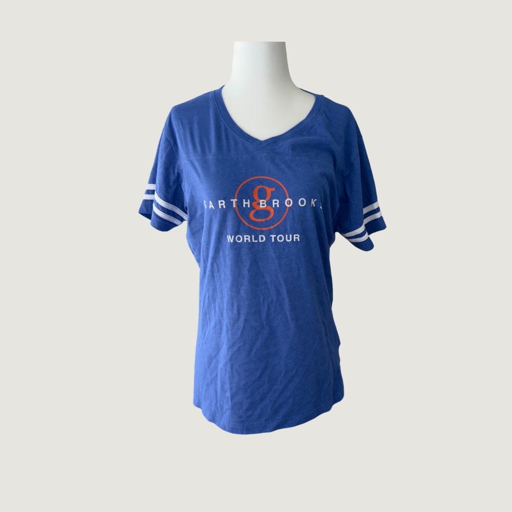Garth Brooks World Tour Shirt Womens Medium‎ Blue Jersey V-Neck Concert Tee 7